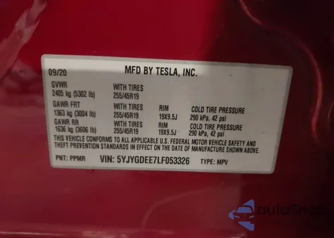 2020 Tesla Model Y Long Range Dual Motor All-Wheel Drive z USA, uszkodzony, nr VIN 5YJYGDEE7LF053326